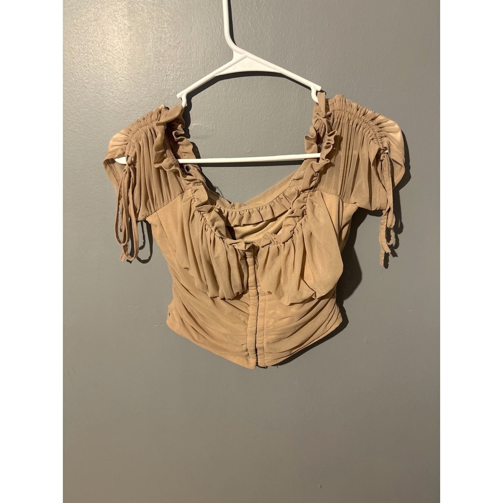 Papaya Tan Mesh Ruched Off Shoulder Ruffle Crop Top Nude Corset Style